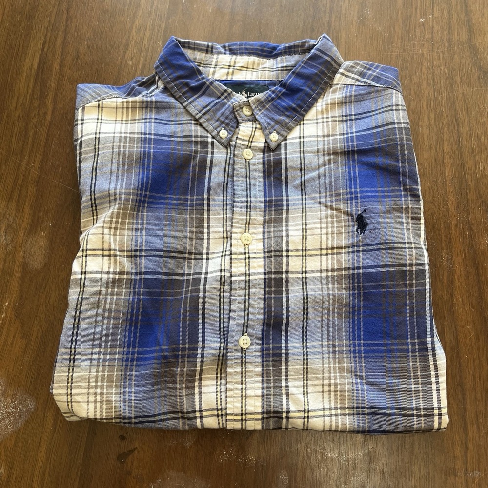 Vintage Ralph‎ Lauren Mens XL Plaid Check Button Down Long Sleeve Shirt Blue